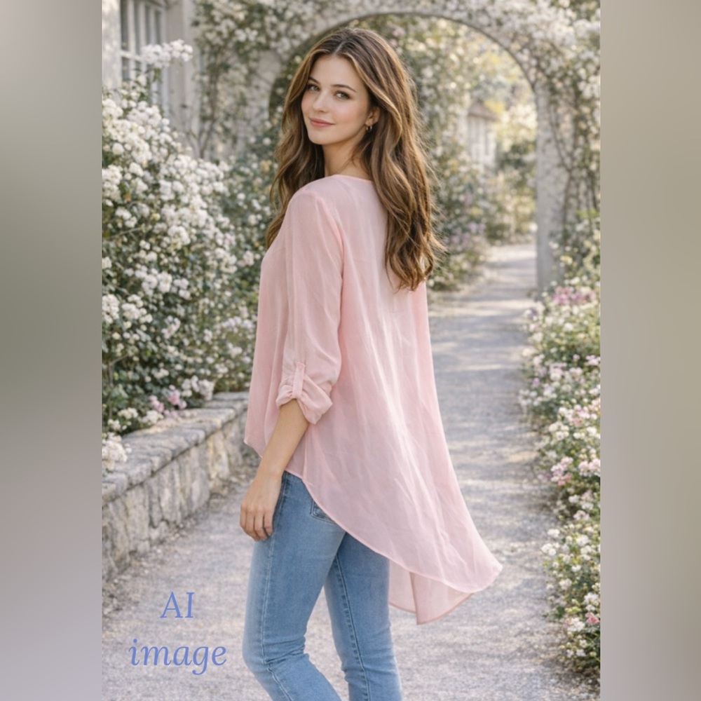 Wishful Park Pink Chiffon Faux Wrap High-Low Blouse | Size L